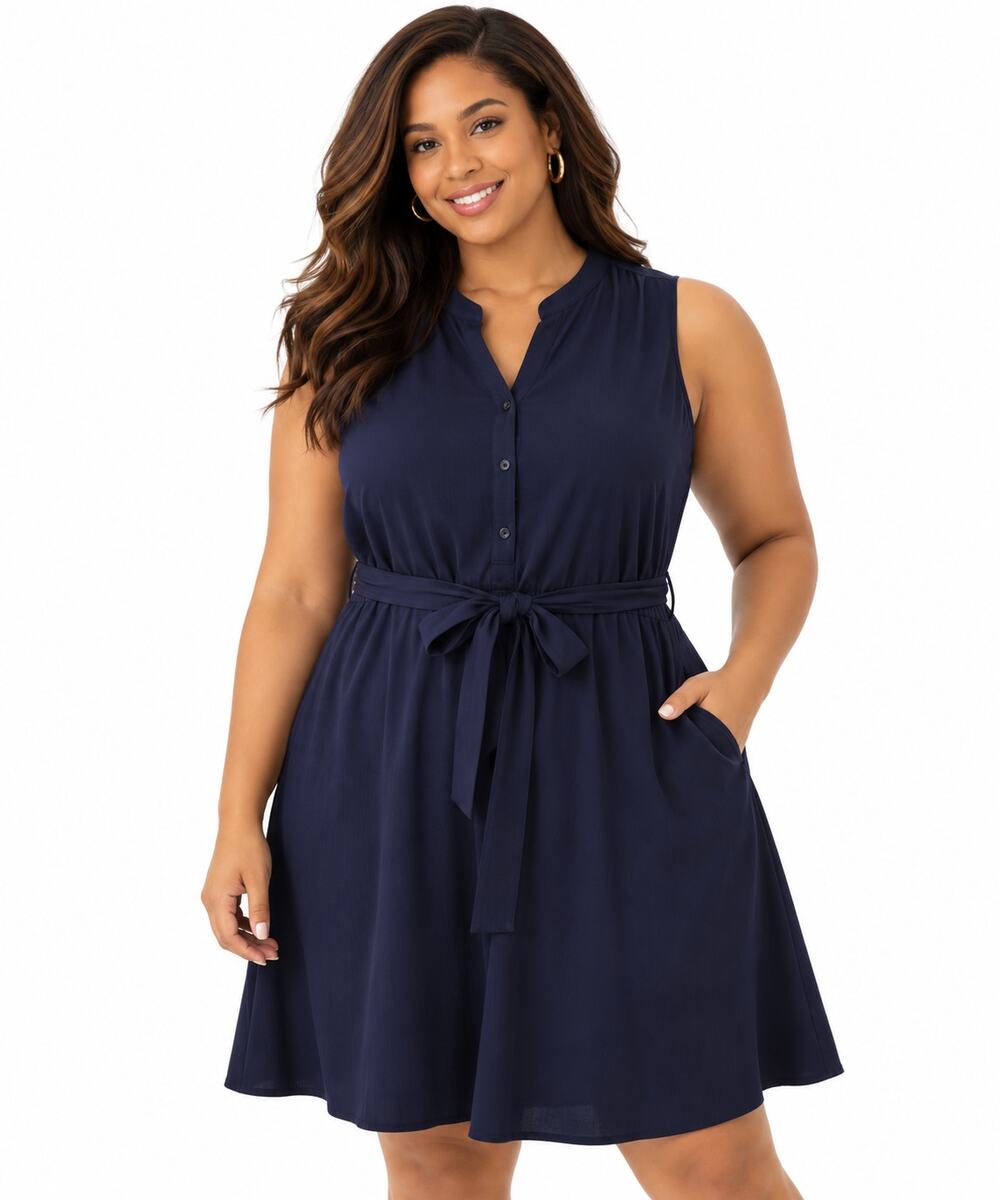 Isaac Mizrahi Live Navy Sleeveless Tie Waist Shirt Dress Womens ST Button NWOT